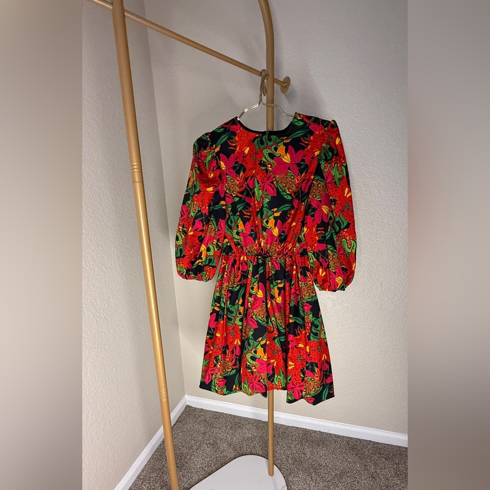 Red and Green Floral Puff Sleeve Dress